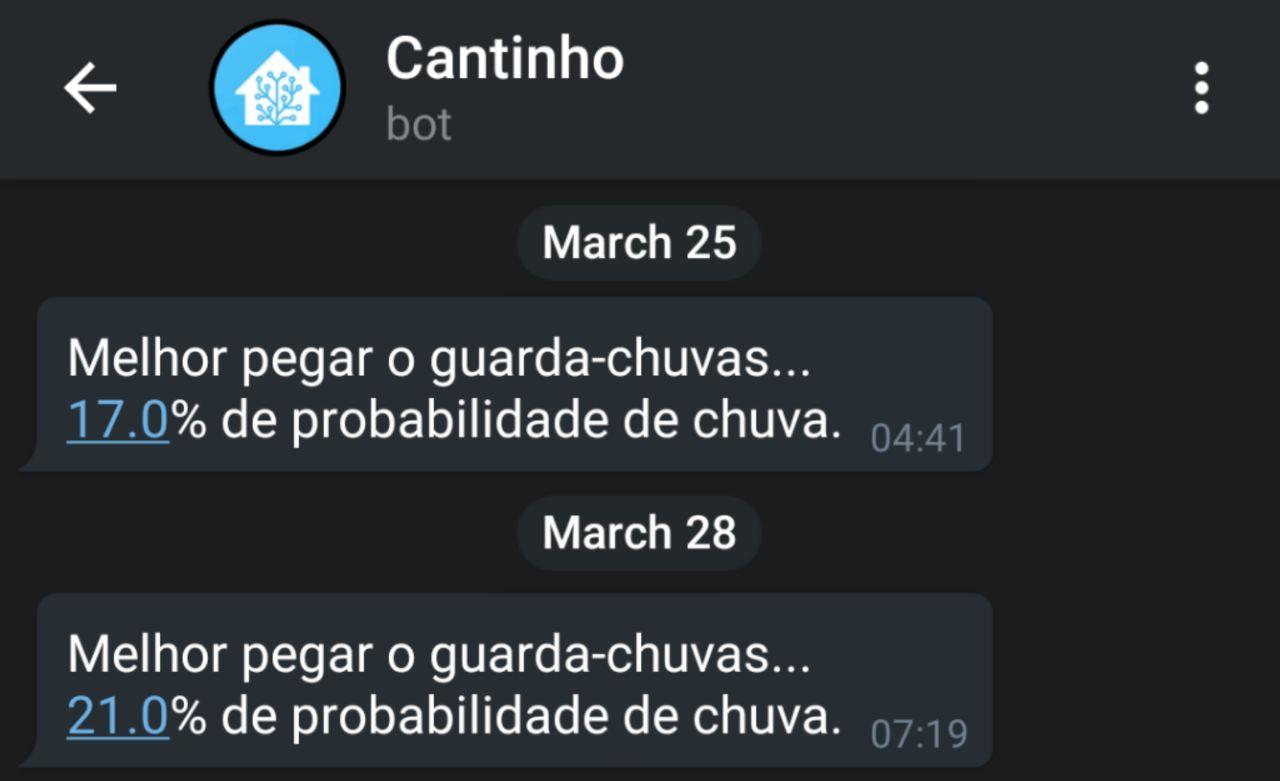 Imagem de uma mensagem no Telegram dizendo Melhor pegar o guarda-chuvas. 21% de chances de chuva.