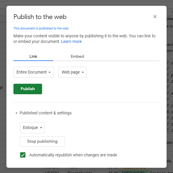 Tela de publicação do CSV no Google Sheets