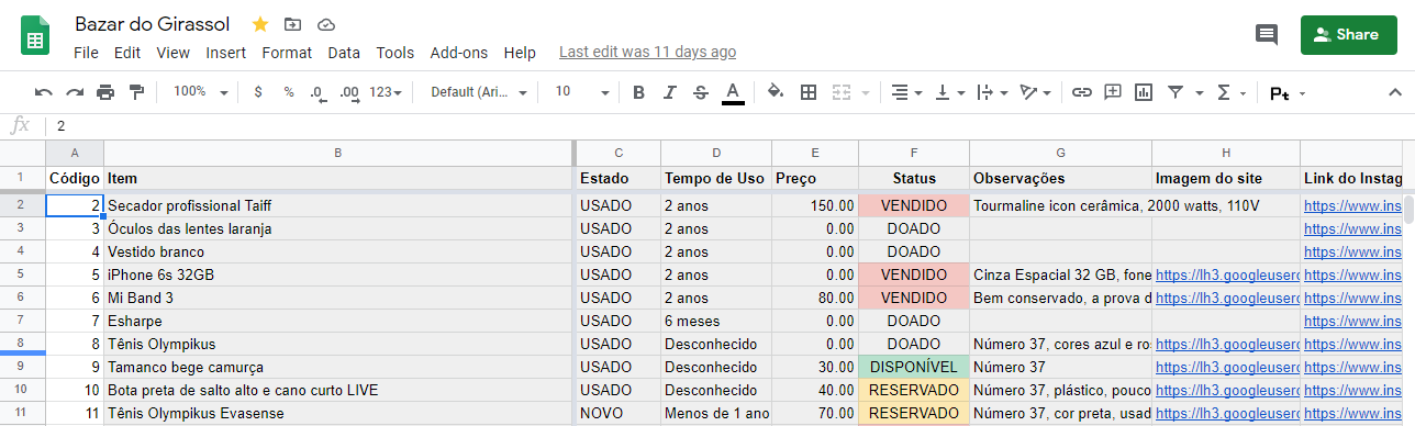 Planilha com produtos do bazar no Google Sheets